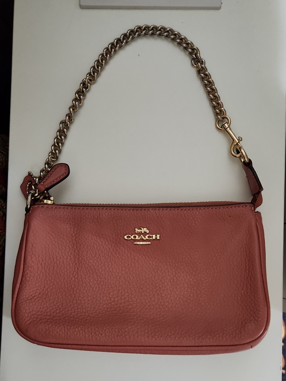Coach Pebble Leather Shoulder Wristlet in Dusty Rose with Gold Chain